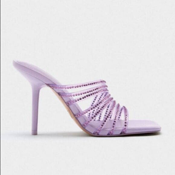 Zara Vinyl Purple Mauve Rhinestone Squared Toe High Heels Sandals Shoes - Picture 4 of 12